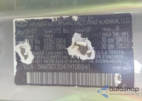 2007 Hyundai Santa Fe Gls from USA, damaged, VIN 5NMSG13D47H106941